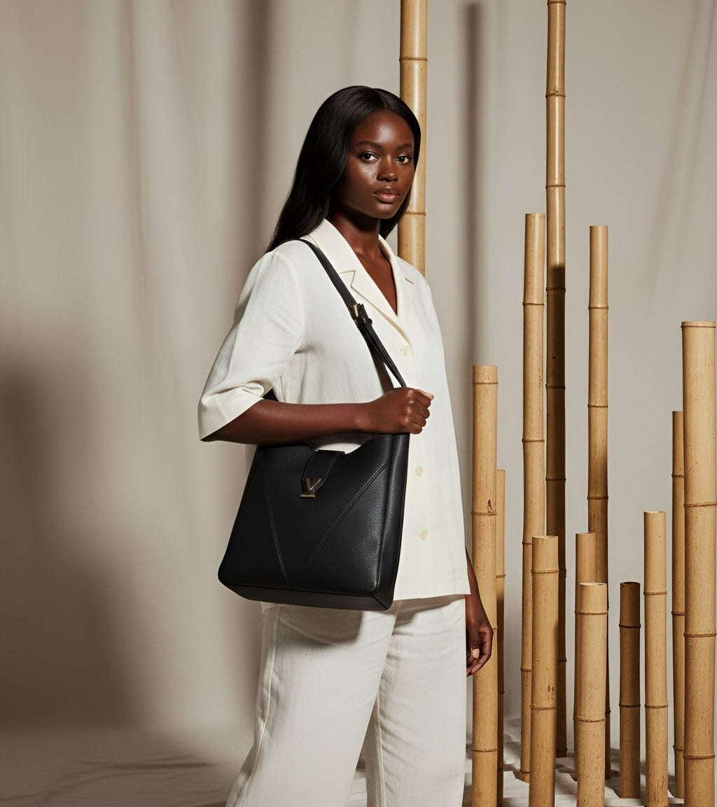 Nancy Vegan Bio-Based Bamboo Leather Elevated Tote Bag in black